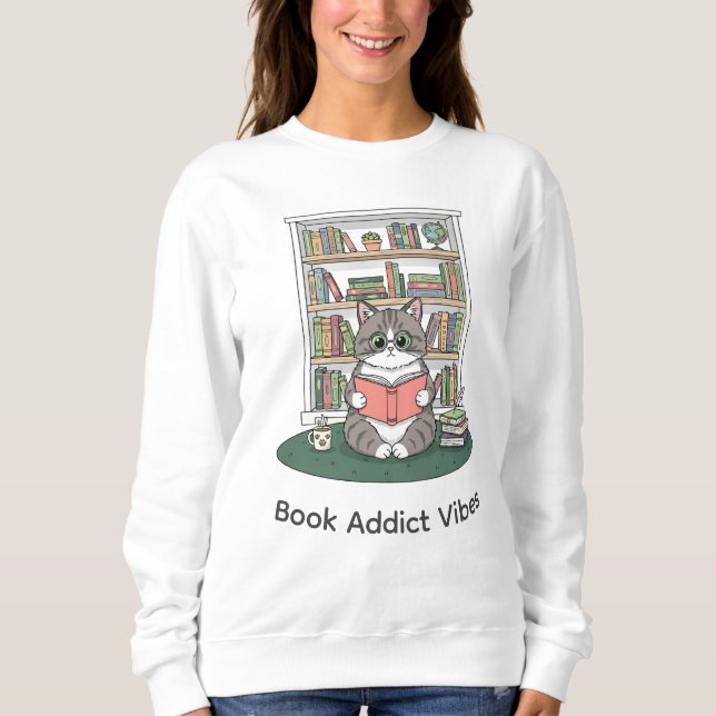 Cute Kitten Glasses Bookshelf Literature Lover T Shirt (Framsida)