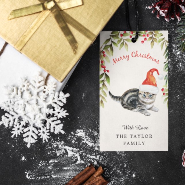 Cute Kitten God jul Santa Hat Cat Lovers Presentetikett (Skapare uppladdad)