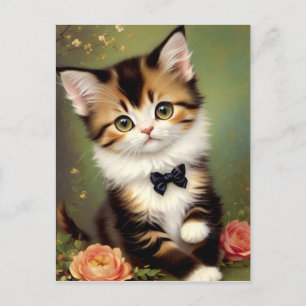 Cute Kitten hade en bög. Vintagens Oljemålning. Vykort