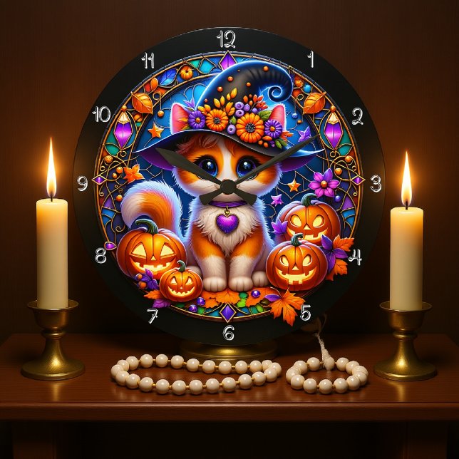 Cute Kitten Halloween-lagat glas Stor Klocka (Skapare uppladdad)