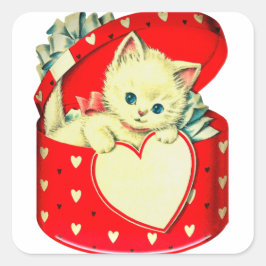Cute Kitten Heart Vintage Cat Retro Kattunge Fyrkantigt Klistermärke