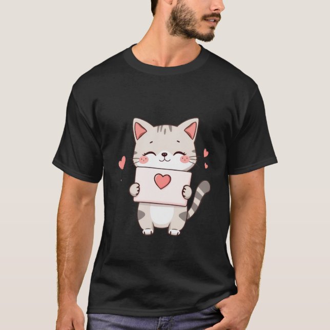 Cute Kitten Holding Heart Love Letter Art ✨🐾💌 T Shirt (Framsida)