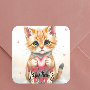 Cute Kitten Holding Rosa Heart Valentine Day Fyrkantigt Klistermärke