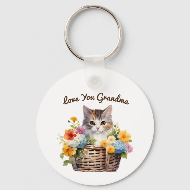 Cute Kitten i Basket i Flowers Nyckelring (Framsida)