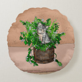 Cute Kitten i Catnip Antique Pot Rund Kudde
