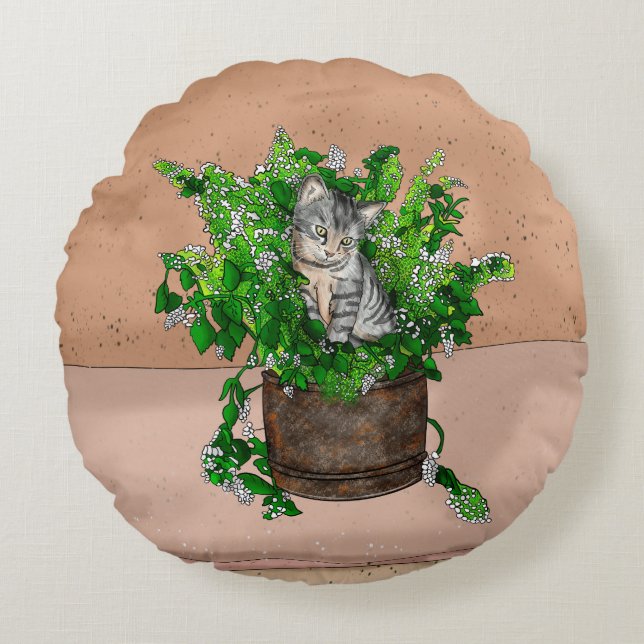 Cute Kitten i Catnip Antique Pot Rund Kudde (Framsidan)