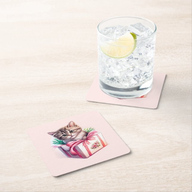 Cute Kitten i en box Birthday Gift Underlägg Papper Kvadrat (Insitu)