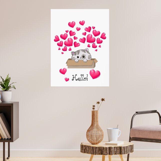 Cute kitten i en låda och rosa hjärtan poster (Vardagsrum 3)