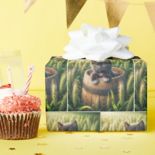 Cute Kitten i en träfat Presentpapper