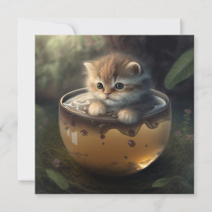 Cute kitten i genomskinligt glas tekopp-vykort julkort