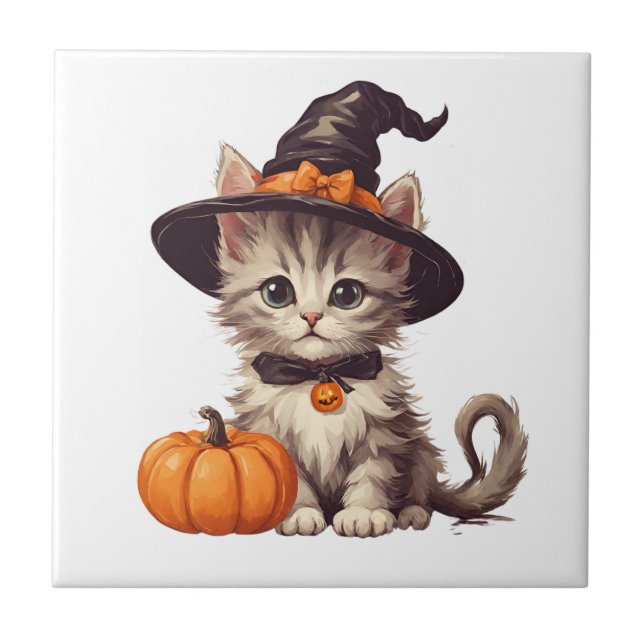Cute Kitten i Halloween Witch Costume Kakelplatta (Framsidan)