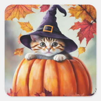 Cute Kitten i Pumpkin med Lila Witch Hat Fyrkantigt Klistermärke