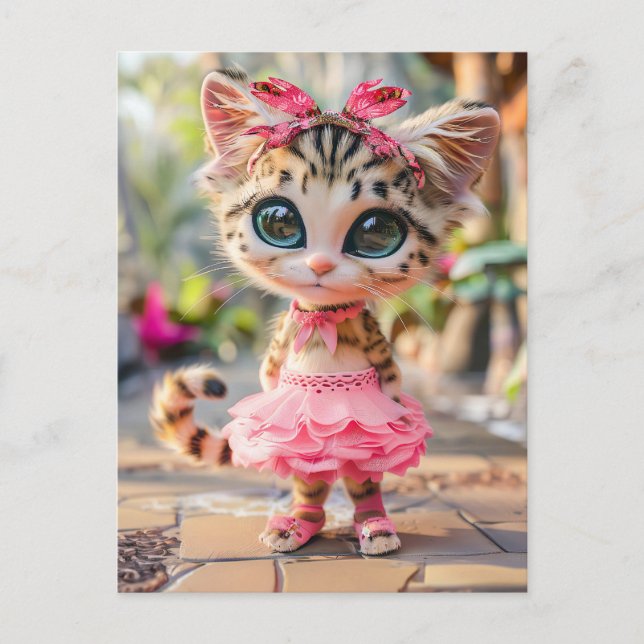 Cute Kitten i Rosa Skirt Helg Vykort (Framsida)