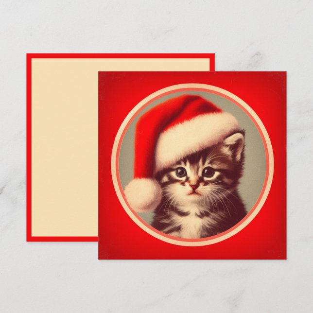 Cute Kitten i Santa Hat Red Retro Julkort (Fram/baksida)