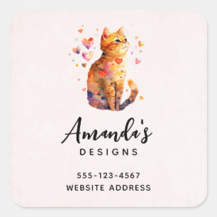 Cute Kitten i Tekopp med Hearts Business Fyrkantigt Klistermärke