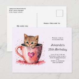 Cute Kitten i Tekopp med Hearts födelsedag Inbjudan Vykort