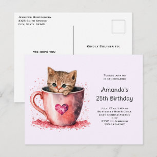 Cute Kitten i Tekopp med Hearts födelsedag Inbjudan Vykort