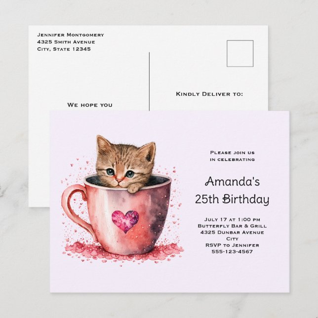 Cute Kitten i Tekopp med Hearts födelsedag Inbjudan Vykort (Fram/baksida)