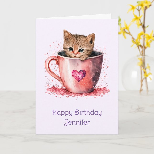 Cute Kitten i Tekopp med Hearts födelsedag Kort (Gul blomma)