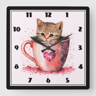 Cute Kitten i Tekopp med Hearts Fyrkantig Klocka