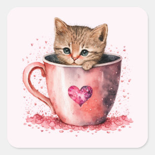 Cute Kitten i Tekopp med Hearts Fyrkantigt Klistermärke