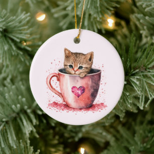 Cute Kitten i Tekopp med Hearts Julgransprydnad Keramik