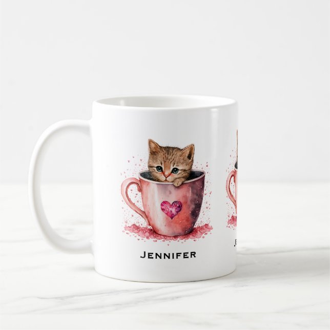Cute Kitten i Tekopp med Hearts Kaffemugg (Vänster)