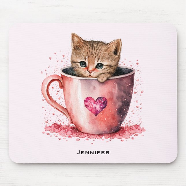 Cute Kitten i Tekopp med Hearts Musmatta (Framsidan)