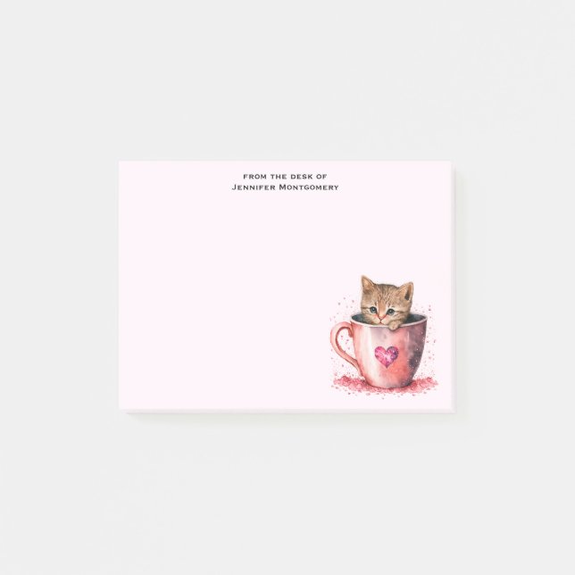 Cute Kitten i Tekopp med Hearts Post-it Block (Framsida)