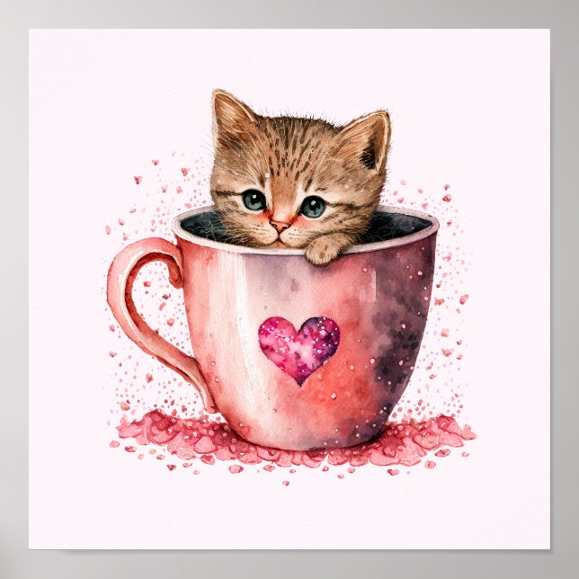 Cute Kitten i Tekopp med Hearts Poster (Framsidan)