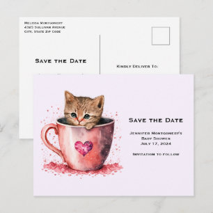 Cute Kitten i Tekopp med Hearts Spara datum Inbjudan Vykort