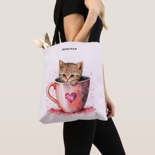 Cute Kitten i Tekopp med Hearts Tygkasse
