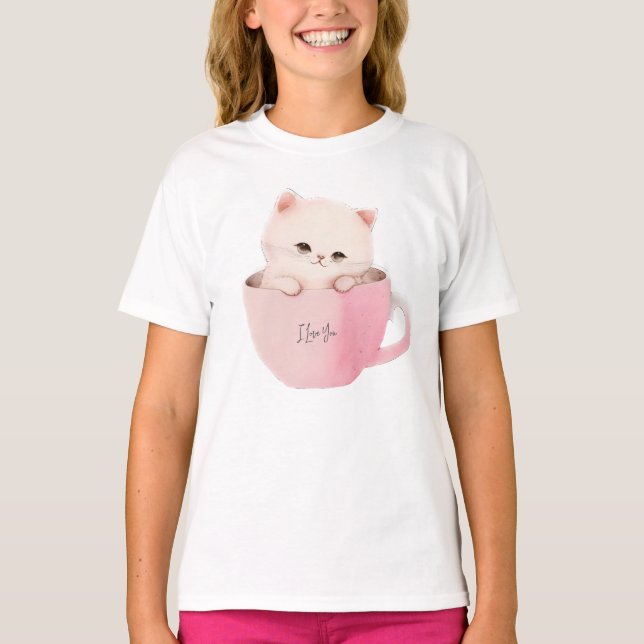 Cute Kitten i Tekopp T Shirt (Framsida)