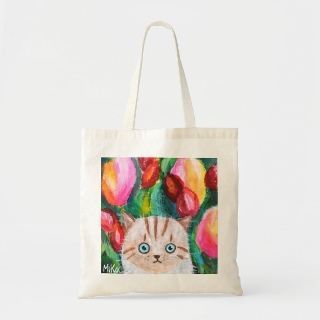 Cute Kitten i Tulip Garden Adsible Cat Art Tygkasse (Framsidan)