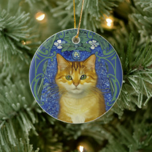 Cute Kitten i Vintage Art nouveau Stil Julgransprydnad Keramik