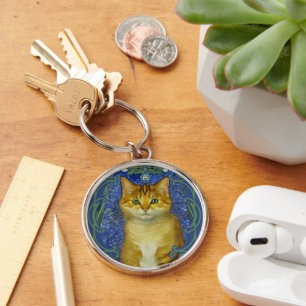 Cute Kitten i Vintage Art nouveau Stil Rund Silverfärgad Nyckelring