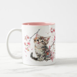 Cute Kitten in Sakura Flowers Två-Tonad Mugg
