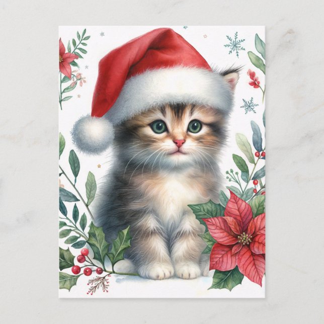 Cute Kitten In Santa Hat Christmas Postcard Vykort (Framsida)