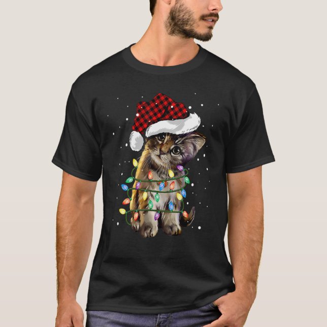 Cute Kitten Jul Light Santa Hat Play Cat T Shirt (Framsida)