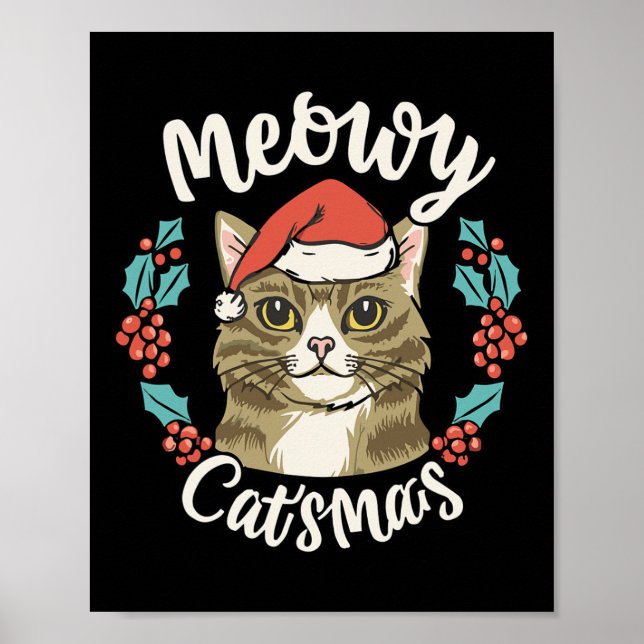 Cute Kitten jul Santa Hat Meowy Catmas Manar W Poster (Framsidan)