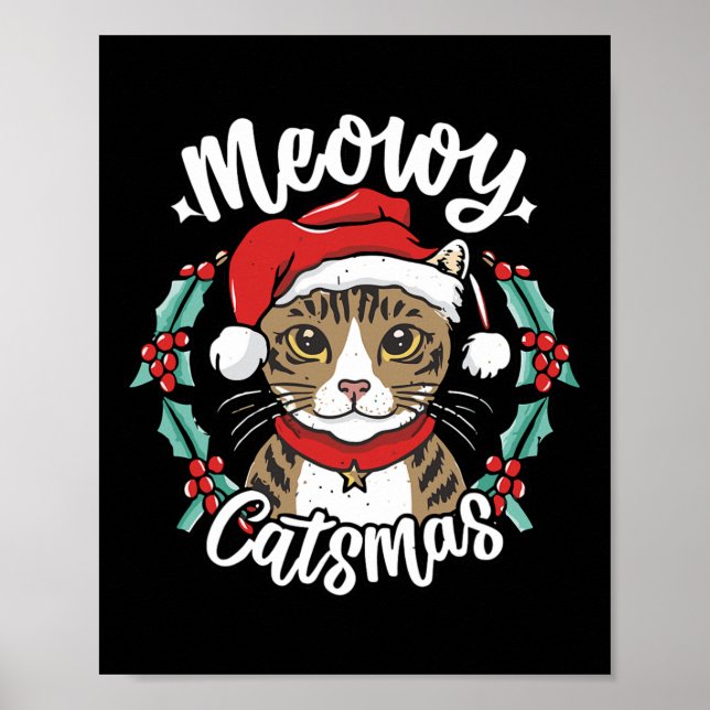 Cute Kitten jul Santa Hat Meowy Catmas Manar W Poster (Framsidan)