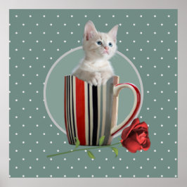 Cute kitten kaffe mugg fotoblomma grönt modern poster