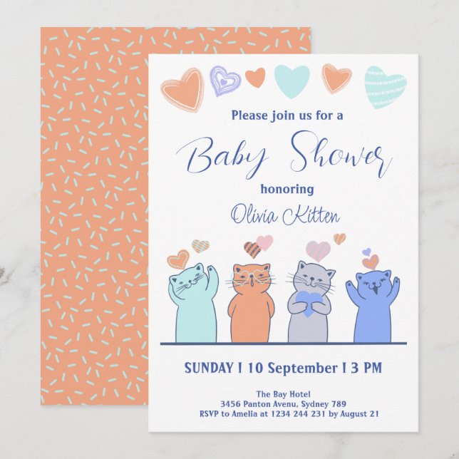 Cute Kitten Kattunge Hearts Baby Shower Inbjudningar (Fram/baksida)
