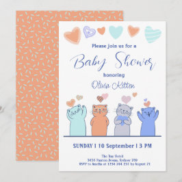 Cute Kitten Kattunge Hearts Baby Shower Inbjudningar
