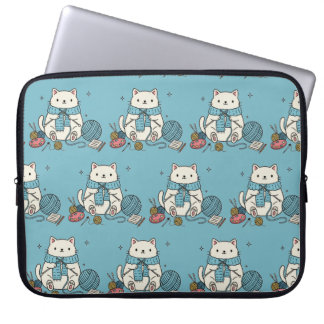 Cute Kitten Knitting Blue Pattern Tech Accessory Laptop Fodral
