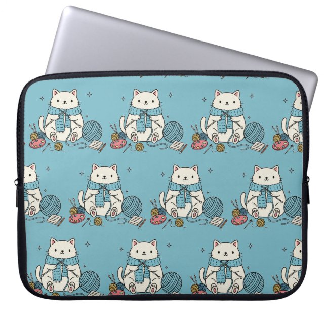 Cute Kitten Knitting Blue Pattern Tech Accessory Laptop Fodral (Framsidan)