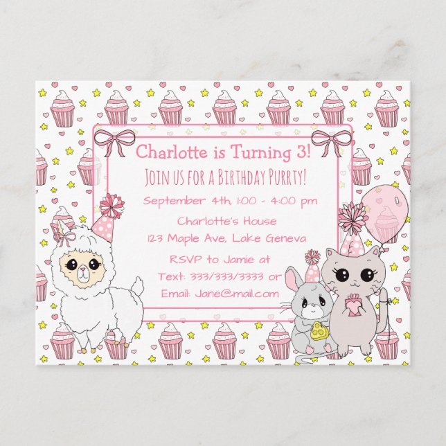 Cute Kitten, Llama och Mouse Girl's Birthday Vykort (Framsida)