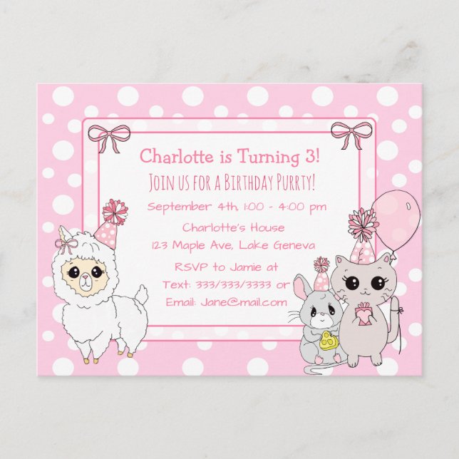 Cute Kitten, Llama och Mouse Girl's Birthday Vykort (Framsida)