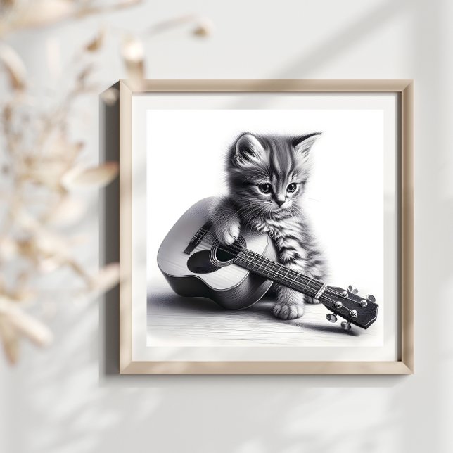 Cute Kitten med Acoustic Guitar Pencil Porträtt Poster (Skapare uppladdad)