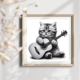 Cute Kitten med Acoustic Guitar Pencil Porträtt Poster